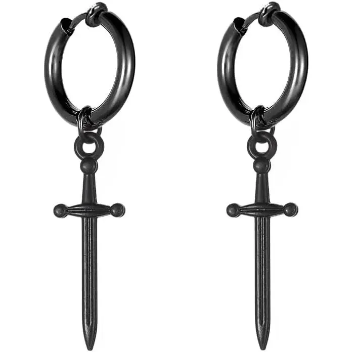 Clip on Dagger Sword Minimalist Dangle Drop Small Hoop Earrings for Men Women Boys Non Pierced Ear 316L Stainless Steel Charms Fake Huggie Hoops Cartilage Hypoallergenic Fashion Personalized Punk Hip Hop Vintage Dangling Gifts Boyfriend Birthday Bff 12mm