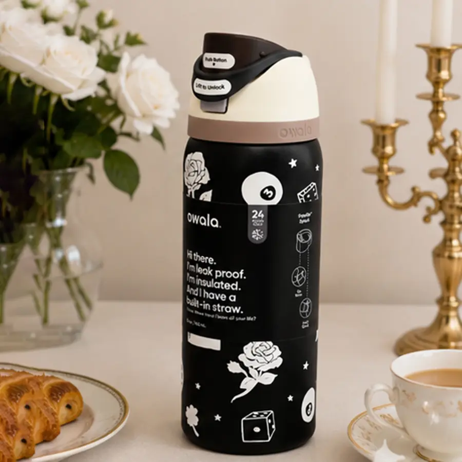 Owala 32oz Black Floral Insulated Stainless Steel Water Bottle with Straw - Leakproof Rustic Drinkware for Women, Coffee & Tea Travel Tumbler