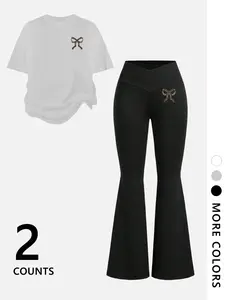 2 Piece Women's Summer Casual T-Shirt and Pants Set, Bow Decorated Printed Short Sleeve for Y2K Style, Trendy Summer Fashion Outfit