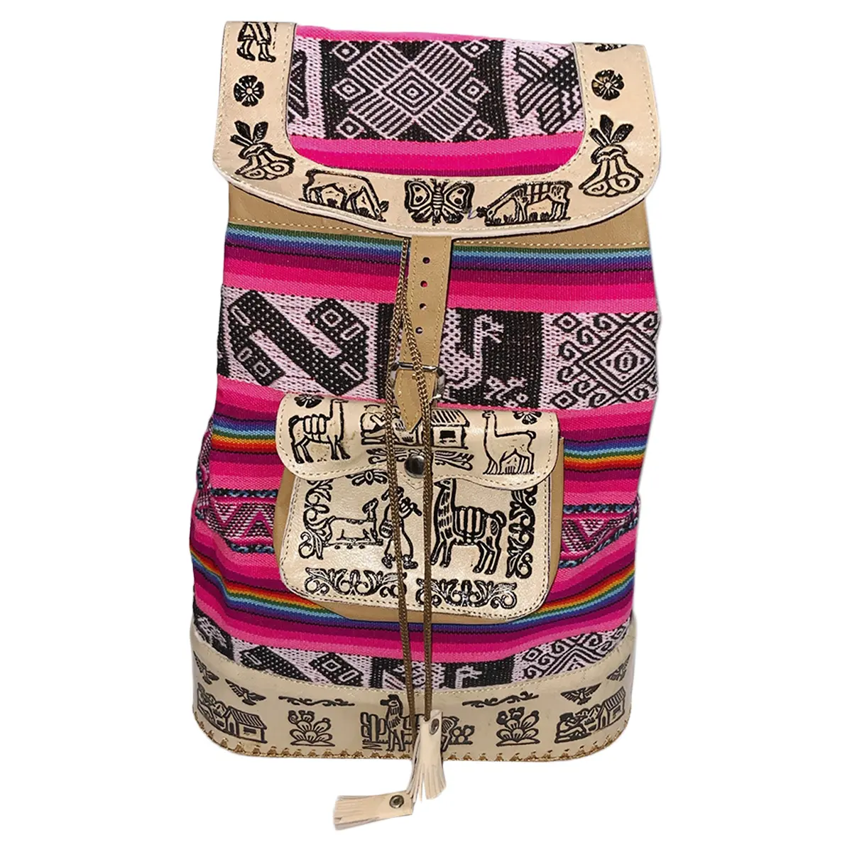 New Peru Cusco Women's Textile Fabric Embossed Leather Boho Backpack Bag