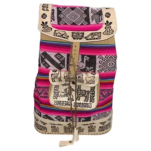 New Peru Cusco Women's Textile Fabric Embossed Leather Boho Backpack Bag