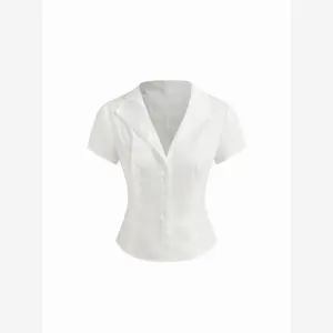 Cider Women's Short Sleeve Blouse, Asymmetrical Neck, Button Detail, Curved Hem