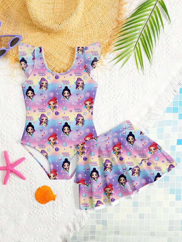 K-Pop Hunter Girl Group Swimsuit, Girls' Starry Sky Gradient Swimwear, Cartoon Character Print, Sweet Cool Two-Piece Bathing Suit, Swim Skirt Set