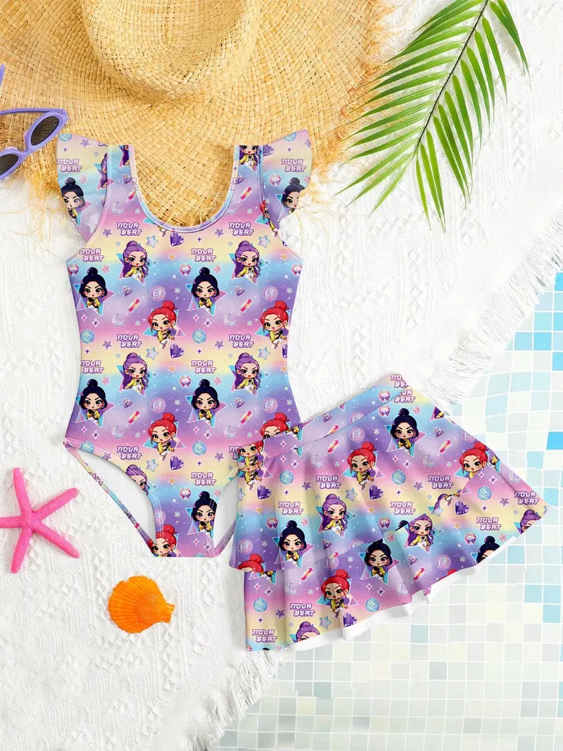 K-Pop Hunter Girl Group Swimsuit, Girls' Starry Sky Gradient Swimwear, Cartoon Character Print, Sweet Cool Two-Piece Bathing Suit, Swim Skirt Set