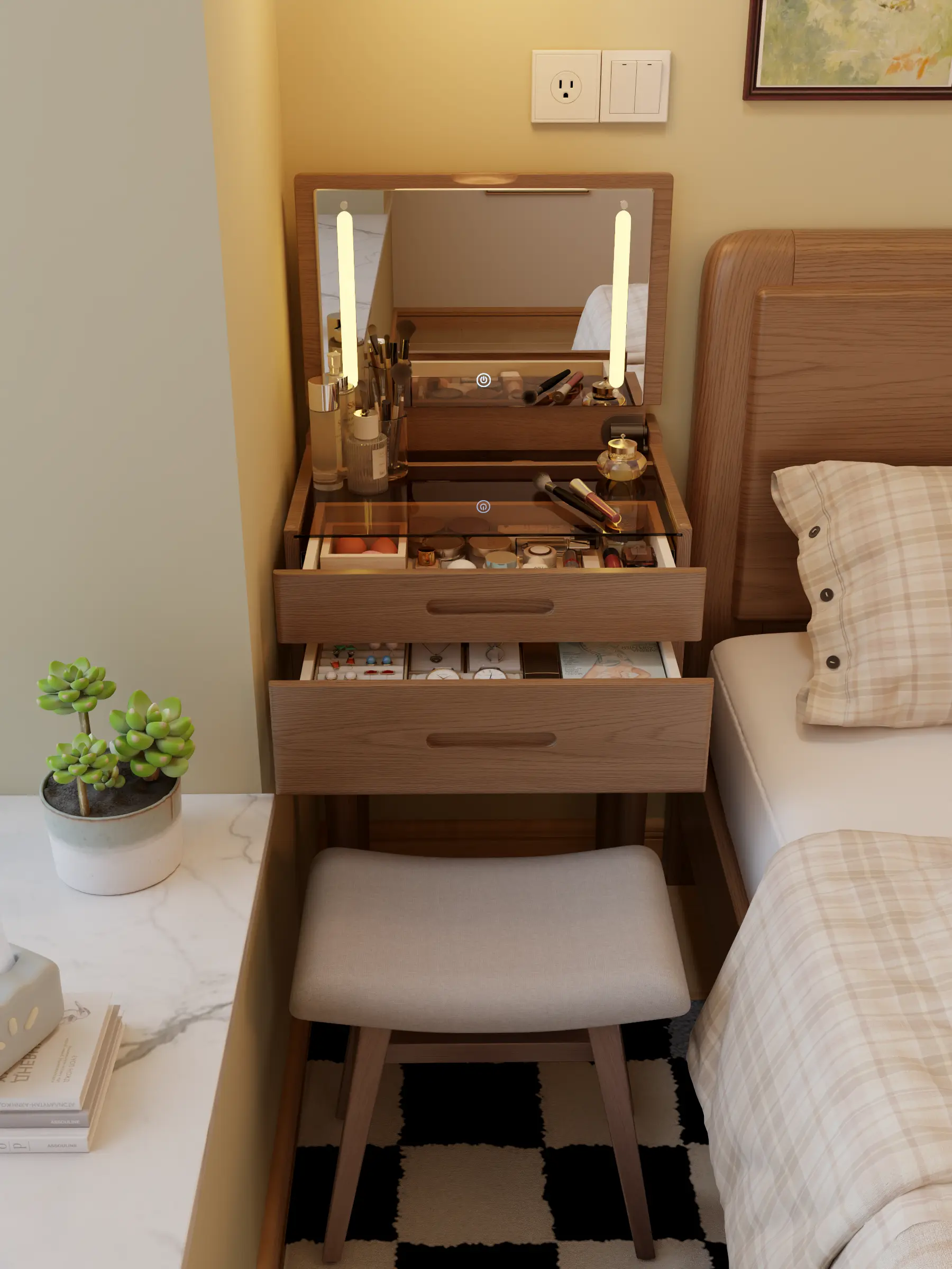 100% Solid Wood Vanity Desk with Lighted Flip-Top LED Mirror, Drawers & Ample Storage – Slim Makeup Table & Space-Saving Narrow Dressing Table for Small Apartments & Bedrooms