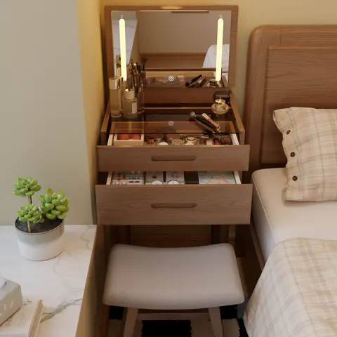 100% Solid Wood Vanity Desk with Lighted Flip-Top LED Mirror, Drawers & Ample Storage – Slim Makeup Table & Space-Saving Narrow Dressing Table for Small Apartments & Bedrooms