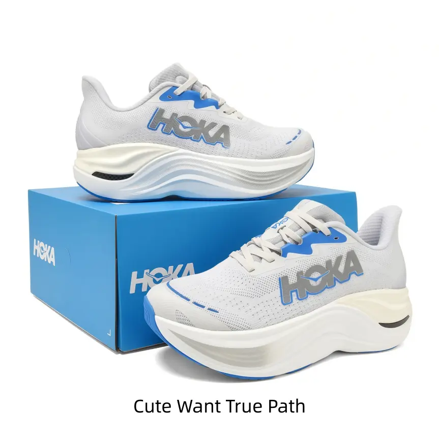 Light gray breathable mesh running shoes with bright blue logo & toe cap, curved wave cloud cushion delivers soft all-day support for jogging & city hikes
