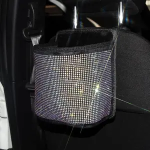 Rhinestone Decor Car Trash Can, Car Seat Back Hanging Storage Box, Multifunctional Car Interior Accessories for Car Stowing & Tidying
