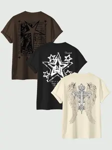 Men's Star & Letter & Wings Print Round Neck Tee, Regular Fit Casual Short Sleeve T-shirt, Men's Summer Top for Daily Wear