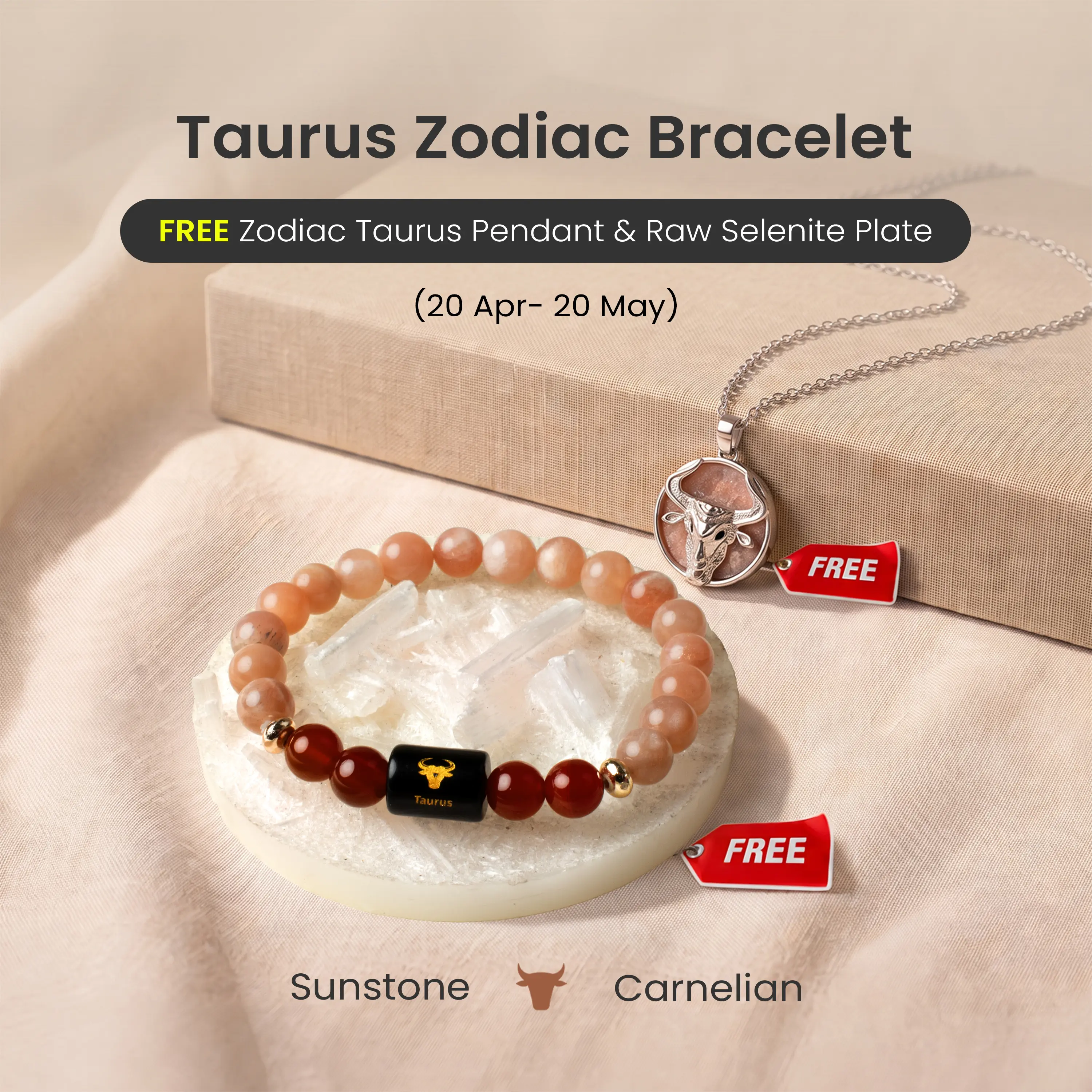Astrotalk Sunstone & Carnelian Taurus Zodiac Bracelet for lift mood, boost motivation & steady drive | FREE Taurus Pendant & Raw Selenite Plate for Crystal Charging | Daily Wear Jewellery | Certified Authentic | Perfect Gift for Taureans