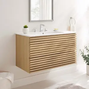 Modway Render 36" Wall-Mount Bathroom Vanity in Oak White
