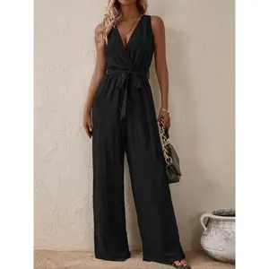 Women's Ruched Belted Tank Jumpsuit, Casual Surplice Neck Straight Leg Jumpsuit, Ladies Clothes for Daily Wear(Sheets)
