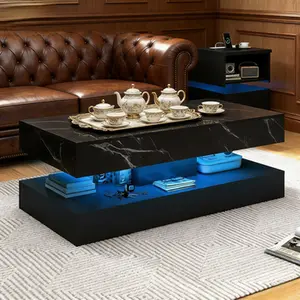 47.2" Large LED Coffee Table White MDF, Marble Finish, 2-Tier Design with 2 Drawers & Hidden LED Lights, USB/DC Power for Home Living Room