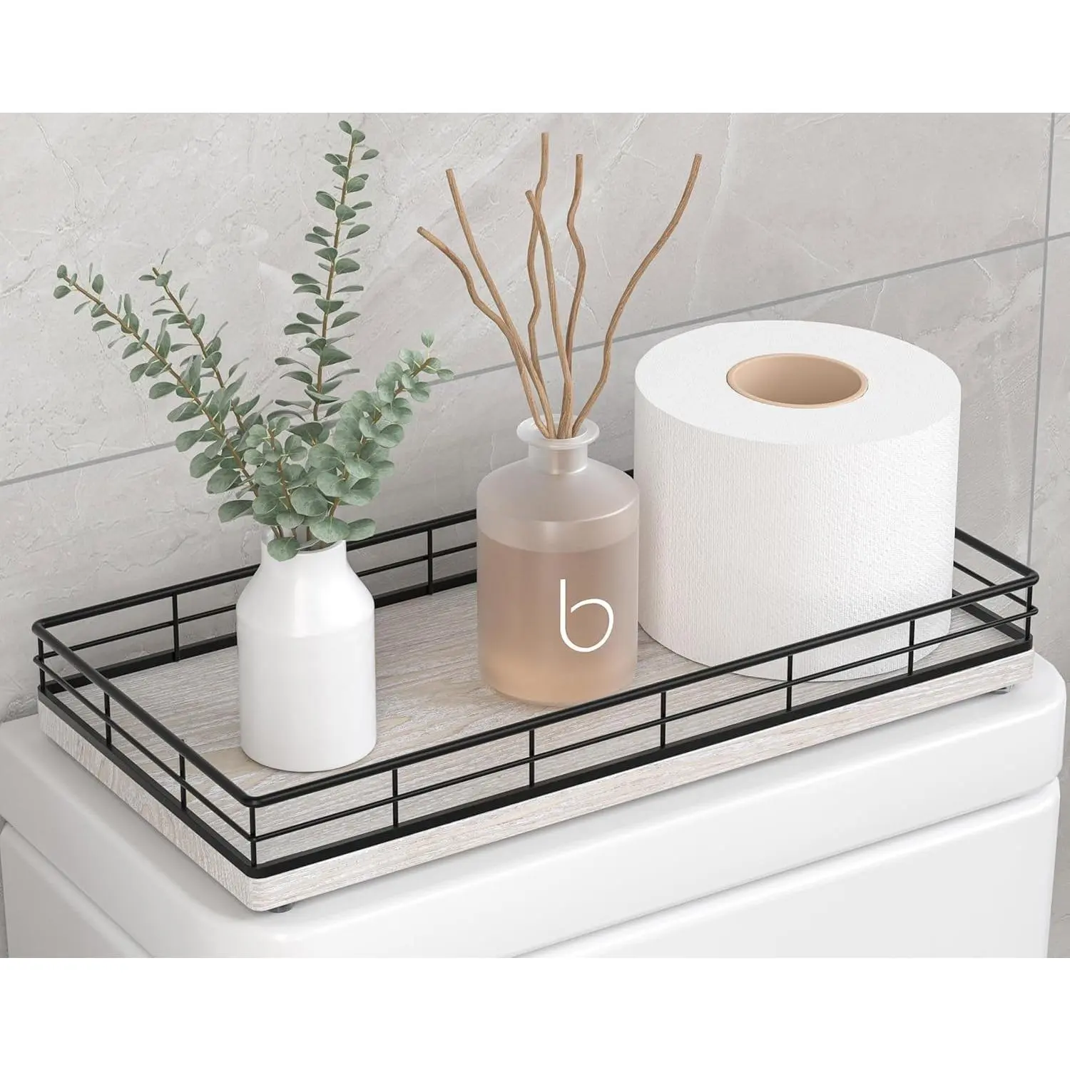 Toilet Paper Basket Organizer - Ash  Toilet Tank Tray with Metal Frame,  of Tank or Top Bathroom Counter Storage - Black & Farmhouse White Modern Decor