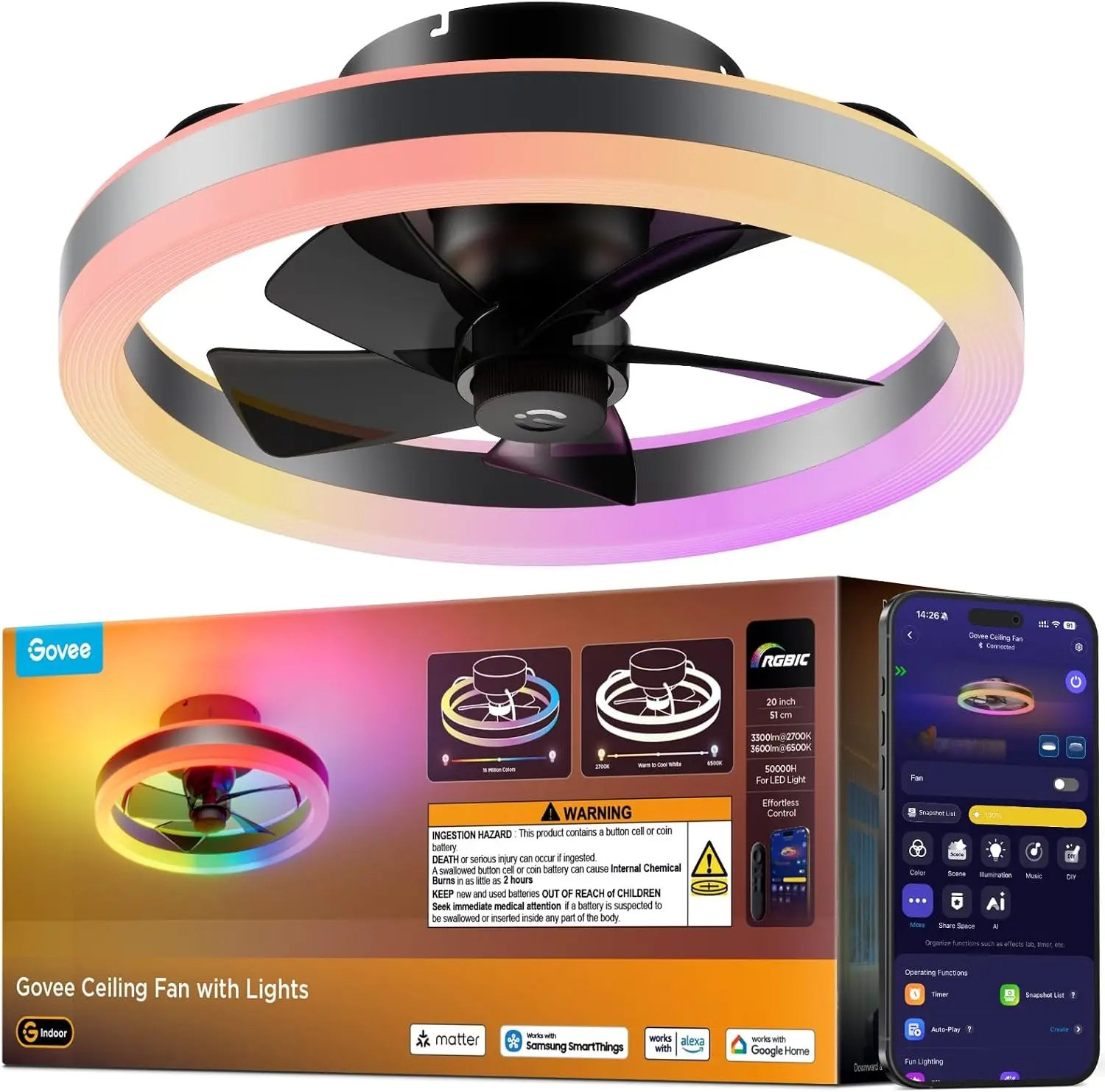 Govee Ceiling Fan with Lights, 20'' RGBIC Oscillating Flush Mount Fans | Ceiling Fans with Lights and Remote, 12 Speeds Reversible DC Motor, 3100lm, Low Profile Ceiling Fan for Bedroom, Living Room