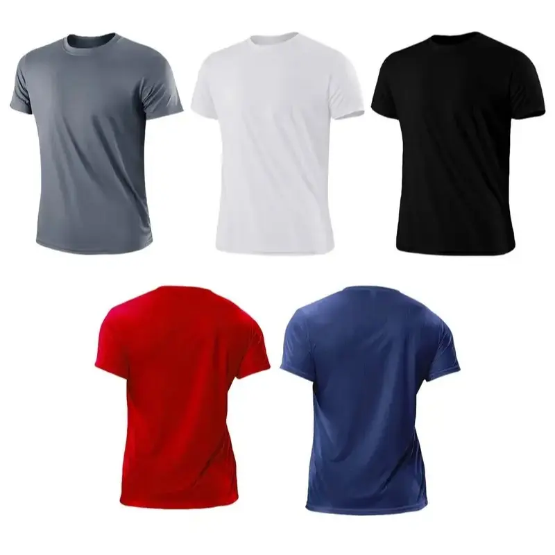 Male 5-Pieces Athletic Shirts - Solid Color Crewneck, Relaxed Fit, Breathable, Quick Dry, Moisture-Wicking Polyester, Gym Workout Apparel, Sporty Chic for Athleisure, Black+White+Red+Grey+Blue