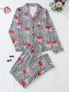 Women's Leopard Print Button Front Pocket Shirt & Pants Pyjama Two-piece Set, Elegant Comfy Long Sleeve Top & Trousers PJ Set, Ladies Sleepwear for All Seasons, Leopard Print Pajamas