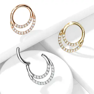 16G CZ Paved Double Septum Ring Clicker Layered Hoops Double Loop Daith Hoop Cartilage Hoop Gold Silver Rose Gold 6mm 8mm 10mm
