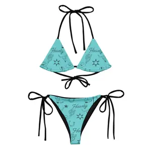 Turquoise Western Cowgirl Print Triangle Bikini Set For Women Adjustable String Two Piece Swimsuit Halter Top Tie Side Bottom Cute Summer Beachwear Vacation