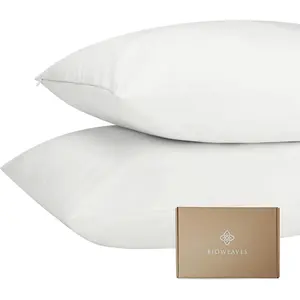 Organic Cotton Jersey Knit Waterproof Pillow Protector Covers with Zipper Closure GOTS Certified Soft & Quiet Pillow Encasement Standard Size 20 x 26 inches Set of 2