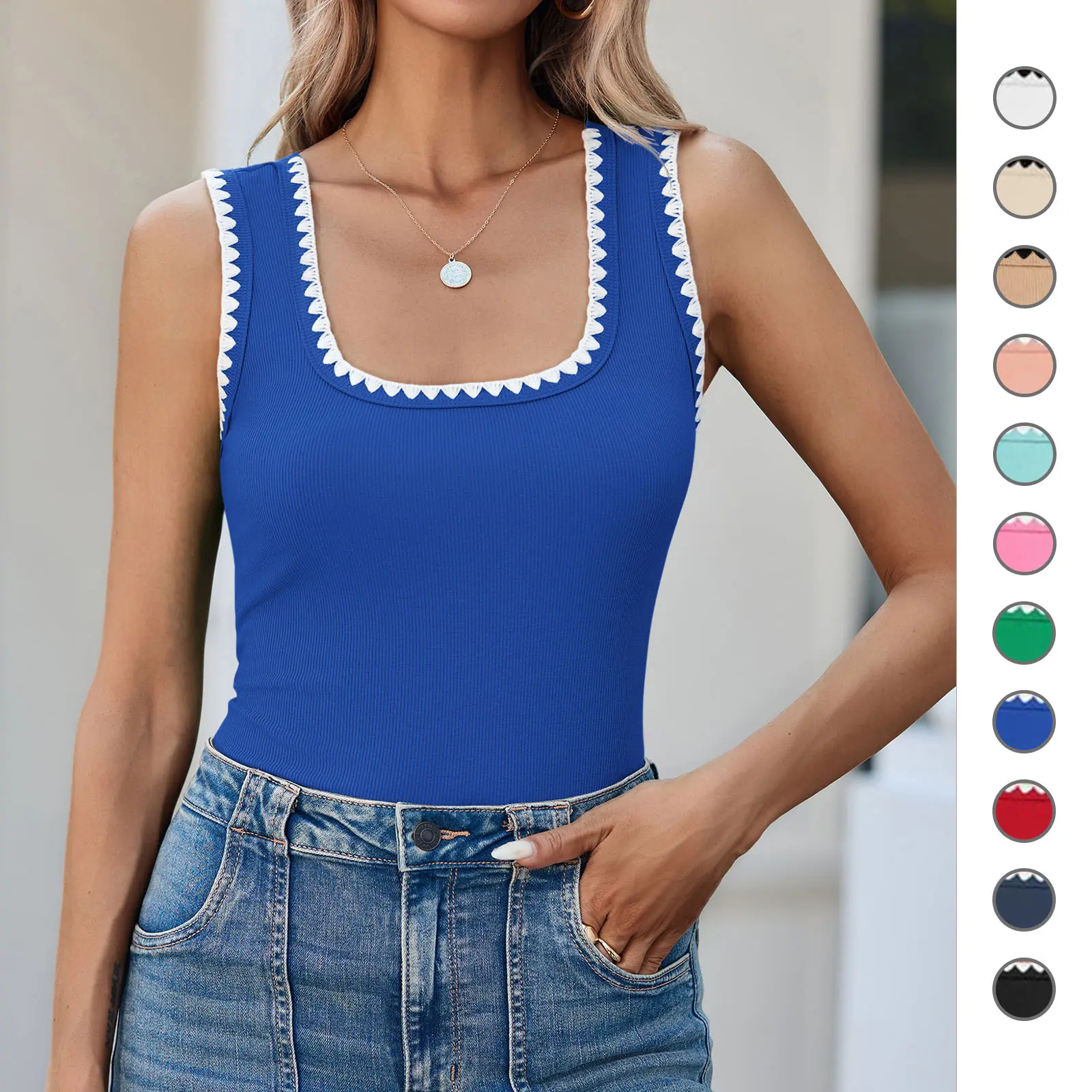 Summervibes Yousify Women's Square Neck Tank Tops 2026 Summer Sleeveless Shirts Casual Slim Fitted Color Block Ribbed Tanks for Vacation Beach Home Workout Daily Wear Cute Womenswear,back to school,back to school shopping