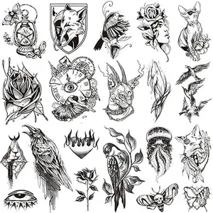 9 Sheets Large Black Temporary Tattoos for Women Men Bird Eagle Butterfly Flower Hand Sword Animal Realistic Waterproof Fake Tattoos Arm Legs Chest Body Art Sketch Tattoo Stickers