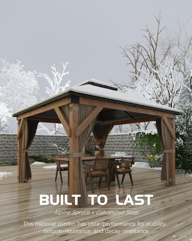 GARVEE Hardtop Wood Gazebo 10'x10' for All Weather, with Double Metal Roof, Heavy Duty Wooden Frame, Net, and Curtain, Permanent Building for Patio, Deck, Backyard, Lawn, and Garden, Khaki