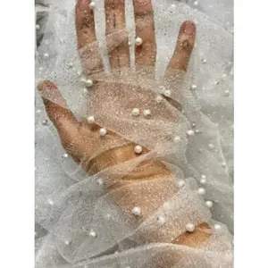 Off White Glitte Pearl Mesh Lace