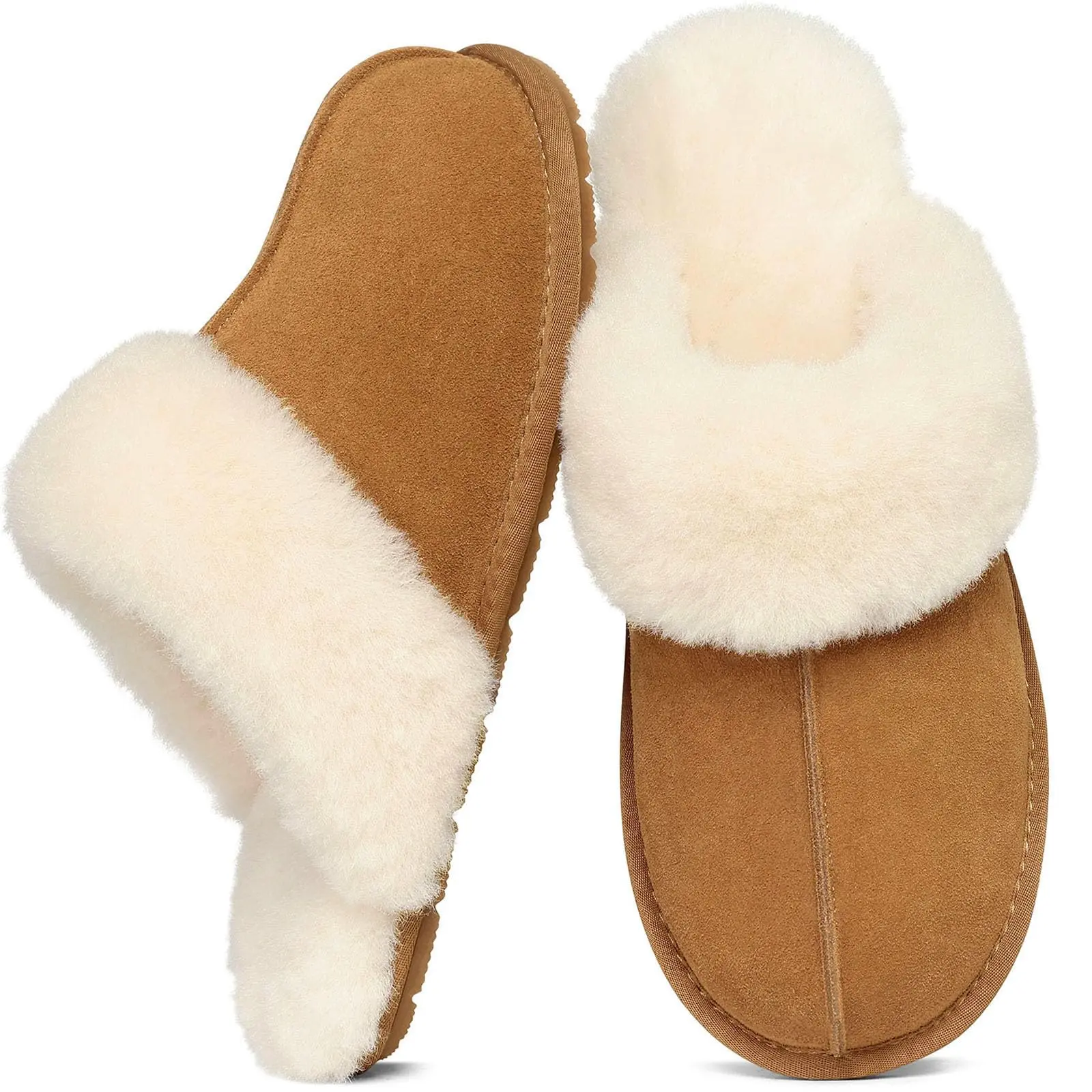 KIDMI Genuine Suede Slippers for Women Fuzzy Warm Scuff House Shoes , Comfy Memory foam heel, Ultra-soft Fleece Lining, Stylish Slip on Bedroom slippers Indoor Outdoor