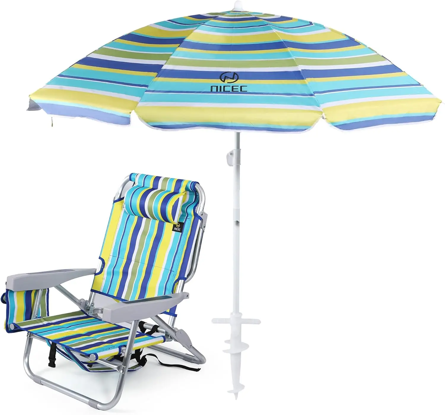 Nice C Beach Chair with Umbrella, Backpack Stripe Beach Chair for Adults, Sand Chair, High Back Lake Chairs, Sillas De Playa with Cooler, Cup Holder & Heavy Duty (Set of 1)