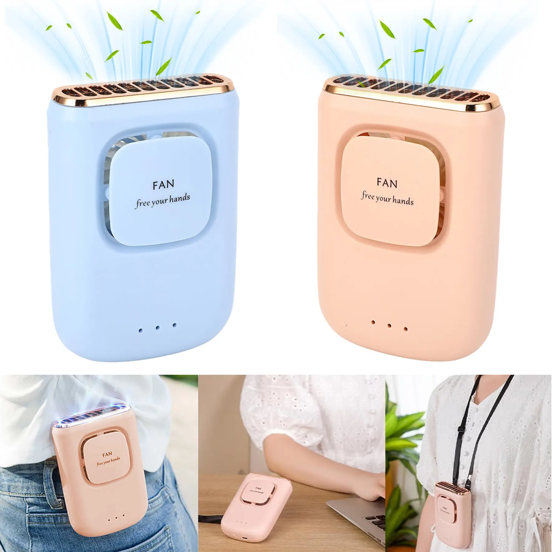 2 in 1 Portable Wearable Cooling Fan, USB Rechargeable 2000mAh 3-Speed Waist Clip & Hanging Neck Fan, Hands Free Personal Mini Air Cooler for Outdoor Work, Fishing, Travel, Camping, Women & Kids Summer Essential