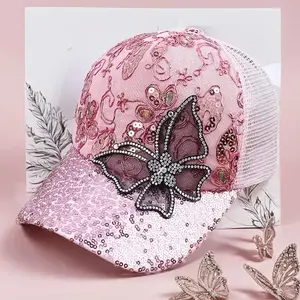 2026 Women's baseball caps mesh breathable sun cap, butterfly embroidered sequins Fashion caps, ladies diamond caps, street casual fashion caps Fashion accessories Classic magnetic copper bracelet gifts