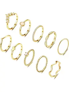 Pack of 10 Rings Gold Set Women's Stackable Waterproof Ring 14 Carat Gold-Plated Ring with Cubic Zirconia Opal Thumb Ring Finger Ring Ankle Rings Stacking Rings Fashion Rings Jewellery for Women