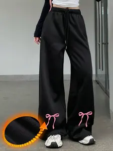 Women's Casual Bow Pattern Drawstring Warm Wide Leg Pants, Loose-Fit Thick Fabric Sweatpants for Fall & Winter, Ideal for Daily Wear