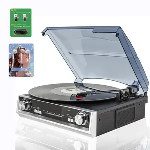 Vinyl Record Player, 2pcs Turntable Cartridge, 2pcs Turntable Belt Turntable Belts, 1pc Headphones Earbuds Wired 3.5mm.Belt Drive Vintage Phonograph, 3-Speed, 33, 45 And 78 RPM, LINE Out, FM Reception,3.5mm Music Output Jack, Earphone，Jack, Back