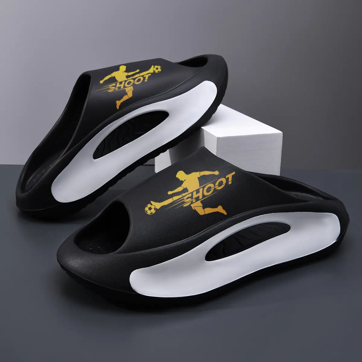 Men's Foam Platform Sports Slides - Game Day Soccer Fan Hollow Slipper, 2-Tone Color Block Cushioned EVA Shoe, Waterproof Anti-Slip Gym & Beach Footwear, Black Fashion Slipper