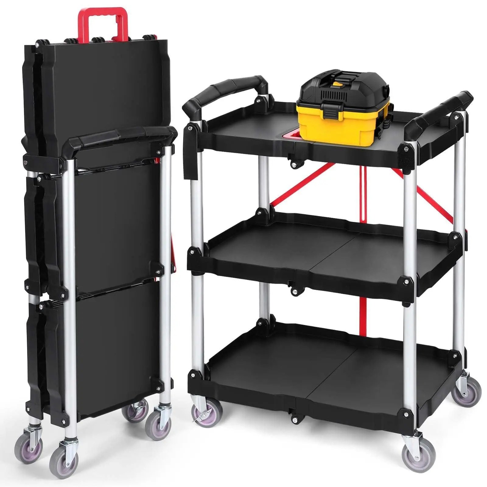 Serving Trolley 3 Tier Folding Trolley Folding Crockery Trolley Cleaning Trolley Service Trolley with Wheels for Workshop Art Studio Gallery