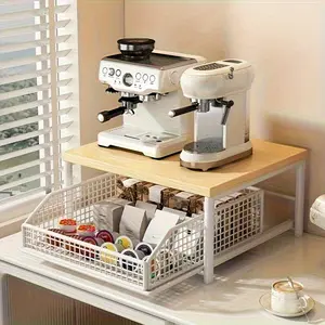 Space-Saving Black/White Countertop Storage Rack/Kitchen Microwave Oven Rack/Riser with Drawer - Sturdy Upgraded Pine Board And Metal Structure, Can Be Used for Tableware, Bowls And Plates - No Electricity, Stylish Design