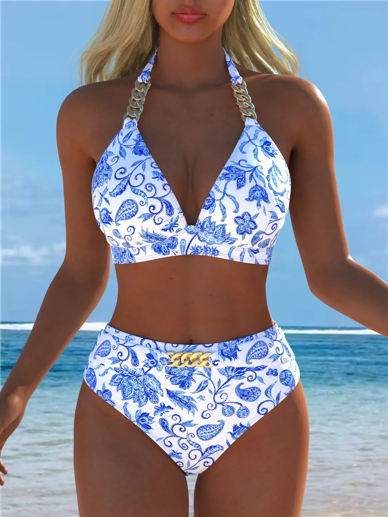 Bikini Swimsuit Set, V-Neck Shoulder Chain Decoration, Back Tie Design, Beach Fashion Quick-Dry High-Quality Swimwear, Floral Bikini Bottom, Floral Print Bikinis, Fitted Swimsuit, Floral Printed Swimwear