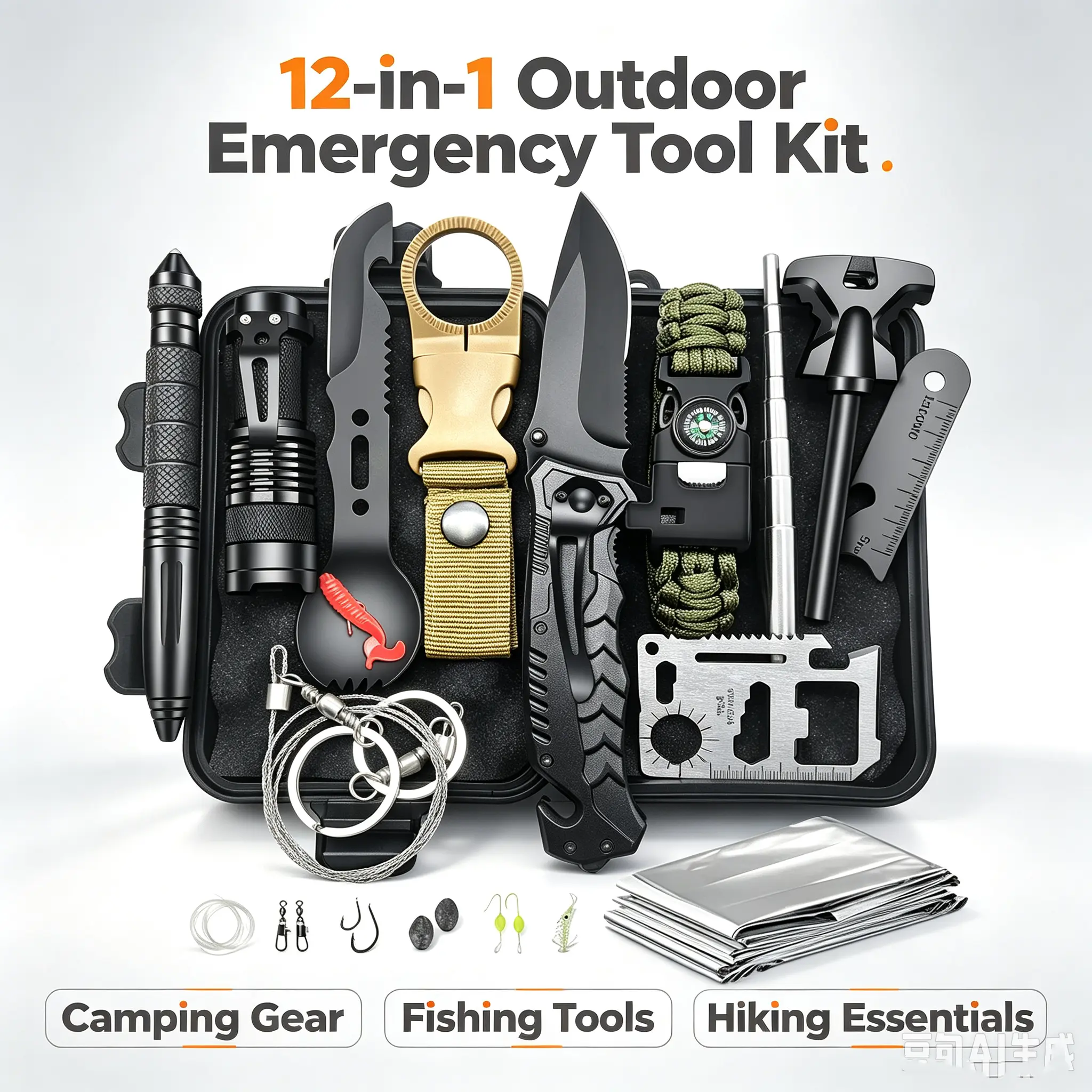 12-in-1 Outdoor Emergency Tool Kit with Folding Knife, LED Flashlight, Fire Starter, Multi-Tool Card, Paracord Bracelet and Emergency Blanket, Camping Hiking Fishing Gear Gift for Men