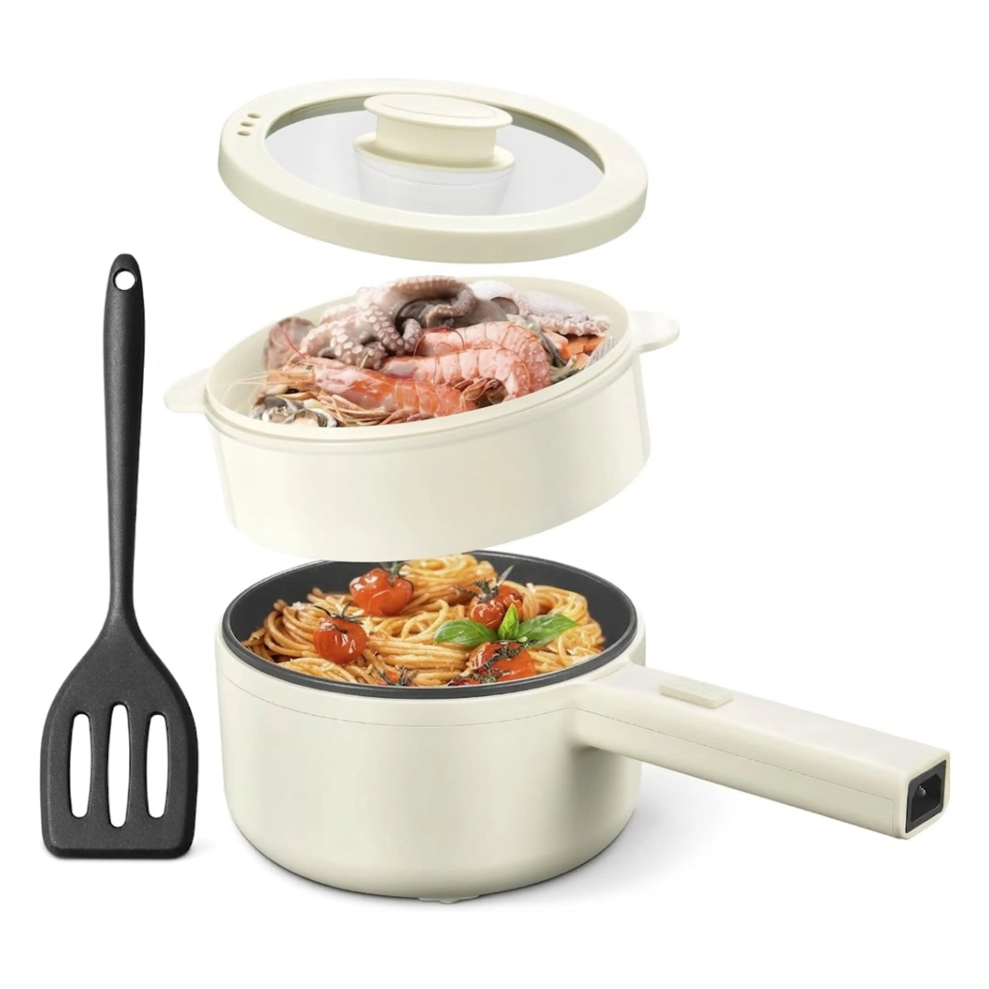 110V 850W Adjustable Compact Dual Power Electric Hot Pot with Steamer - 1.6L BPA-Free Food Grade Non-Stick Sauté Pan, Detachable Cord, Heat Resistant, Small for 1-2 People, White with Silicone Spatula (Dorm Room Use)
