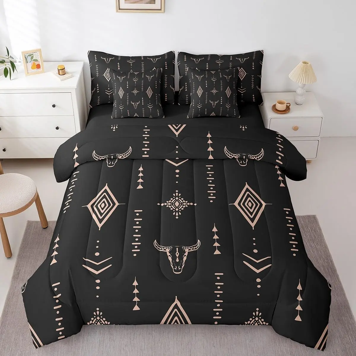 Feelyou 7-Piece Queen Bedding Set, Boho Bull Skull Microfiber Bedroom Bedding with Ethnic Horns, Black Brown Tribal Symbols and Mysterious Aztec Geometry Bed-in-a-Bag Comforter, Bedroom Bedding Set, Queen Bedding Sets