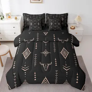 Bull Skull 7 Pcs Comforter Set,Boho Bedding Ethnic Horns Bohemian Bed in A Bag,Black Brown Tribal Symbol Mysterious Aztec Abstract Geometric Sheet Set