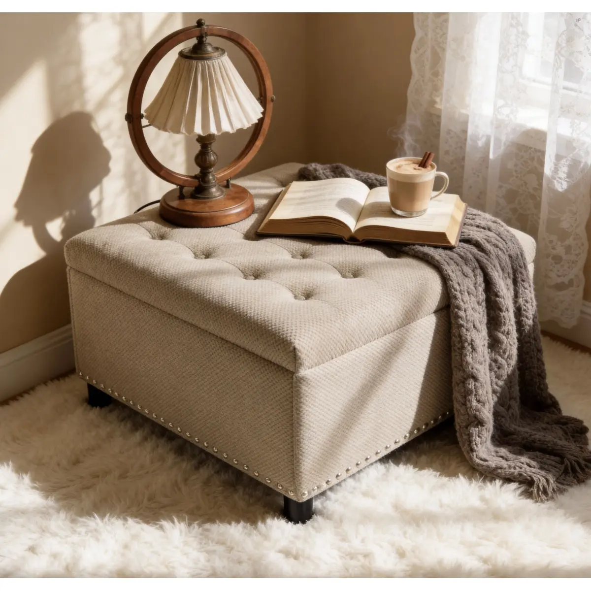 Tufted Footstool, Nailhead Trim Ottoman,Storage Ottoman, Square Storage Ottoman, Upholstered Coffee Table, Bedroom Storage, Living Room Accent, Home Decor, Camel Ottoman, Small Space Furniture