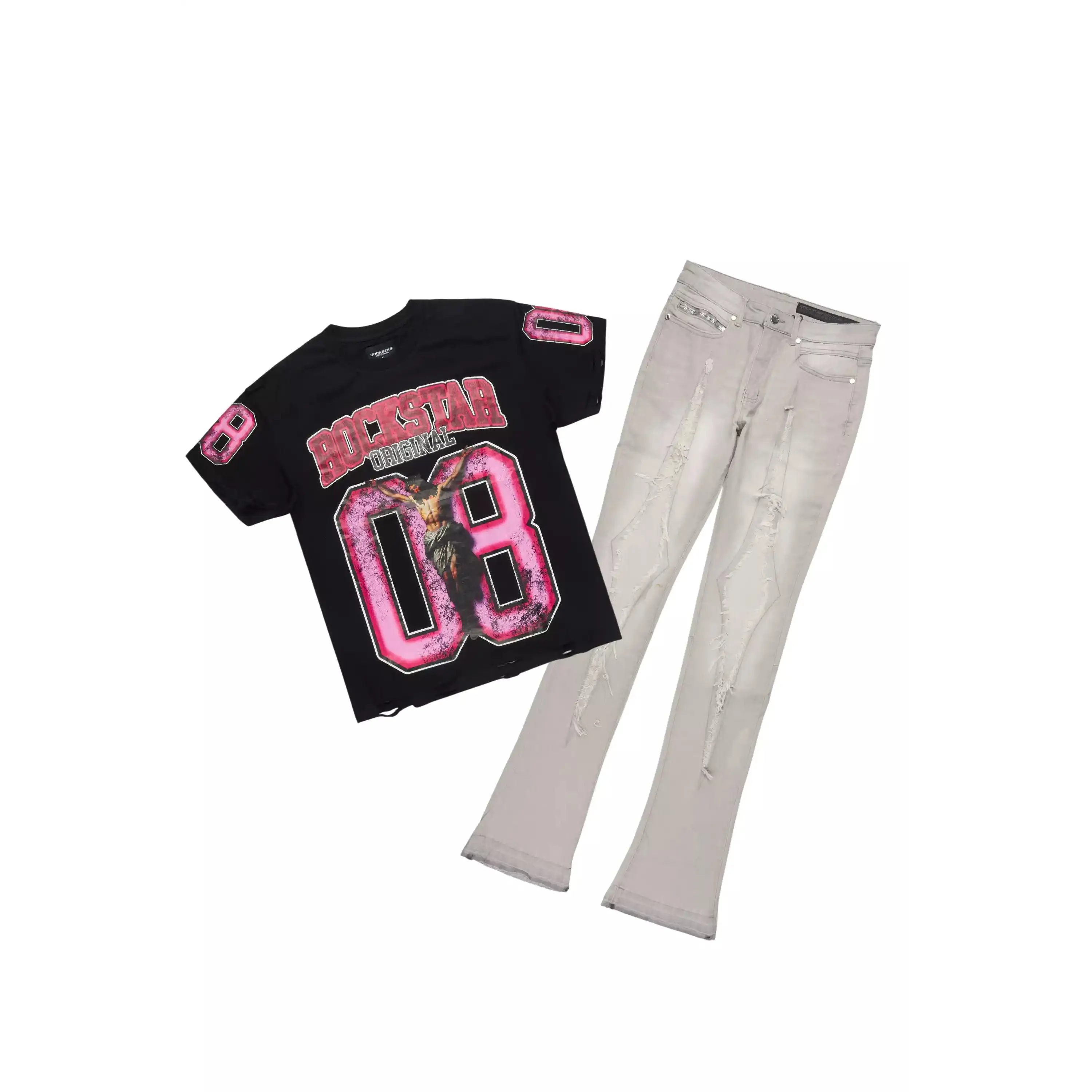 Fields Black Oversized Graphic T-Shirt/Painted Stacked Flare Jean