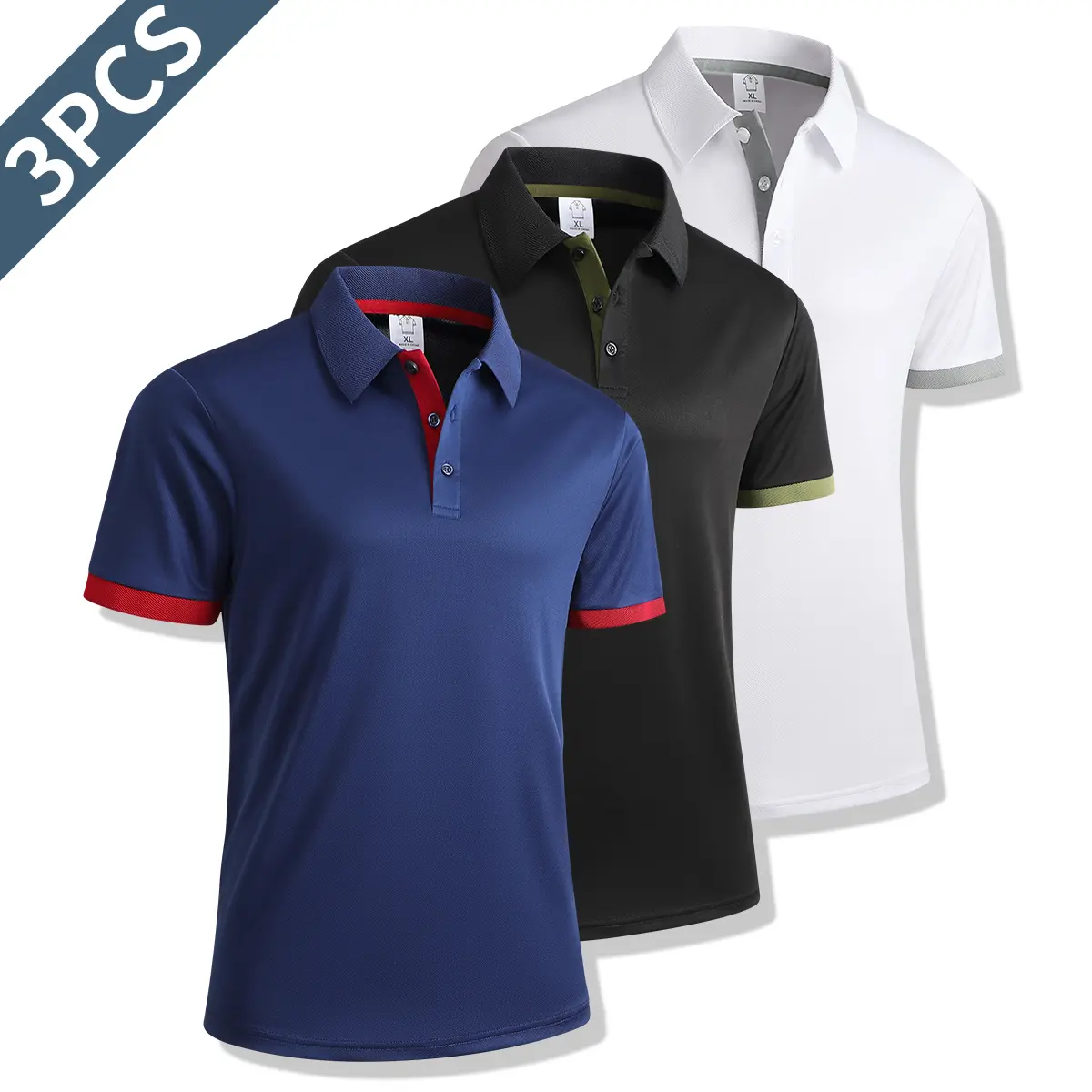 Men's 3-Piece Fitted Athletic Tracksuit, Plain Polyester Casual Golf Outfit with a Breathable Long Sleeve Polo Shirt, Athletic Outfits, Sporty Chic, M