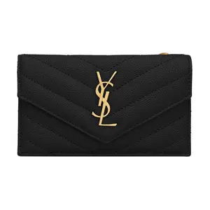 Saint Laurent YSL Gold Logo Quilted Leather Zip Card Wallet For Women In Black
