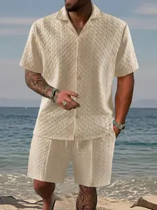 Men’s American-style casual two-piece set featuring a wheat-textured jacquard fabric, skin-friendly and breathable, versatile and figure-flattering, suitable for summer beach vacations.