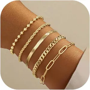 Gold Bracelets for Women,Dainty Bracelets Set for Women Trendy, Gold Bracelets Stack with Beaded, Cuban, Paperclip, Heart, Snake, Rope, Pearl, Cross, Hand Chain, Silver Jewelry Gifts for Women Christmas Poxtex