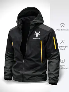 Men's Colorblock Waterproof Hooded Sports Jacket, Bull Print, Outdoor Windproof Durable, Hiking Running Casual Raincoat